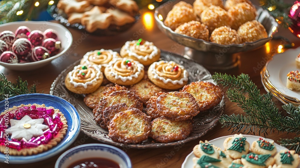 Festive Table with Holiday Treats and Decorations Festive Table with Holiday Treats and Decorations