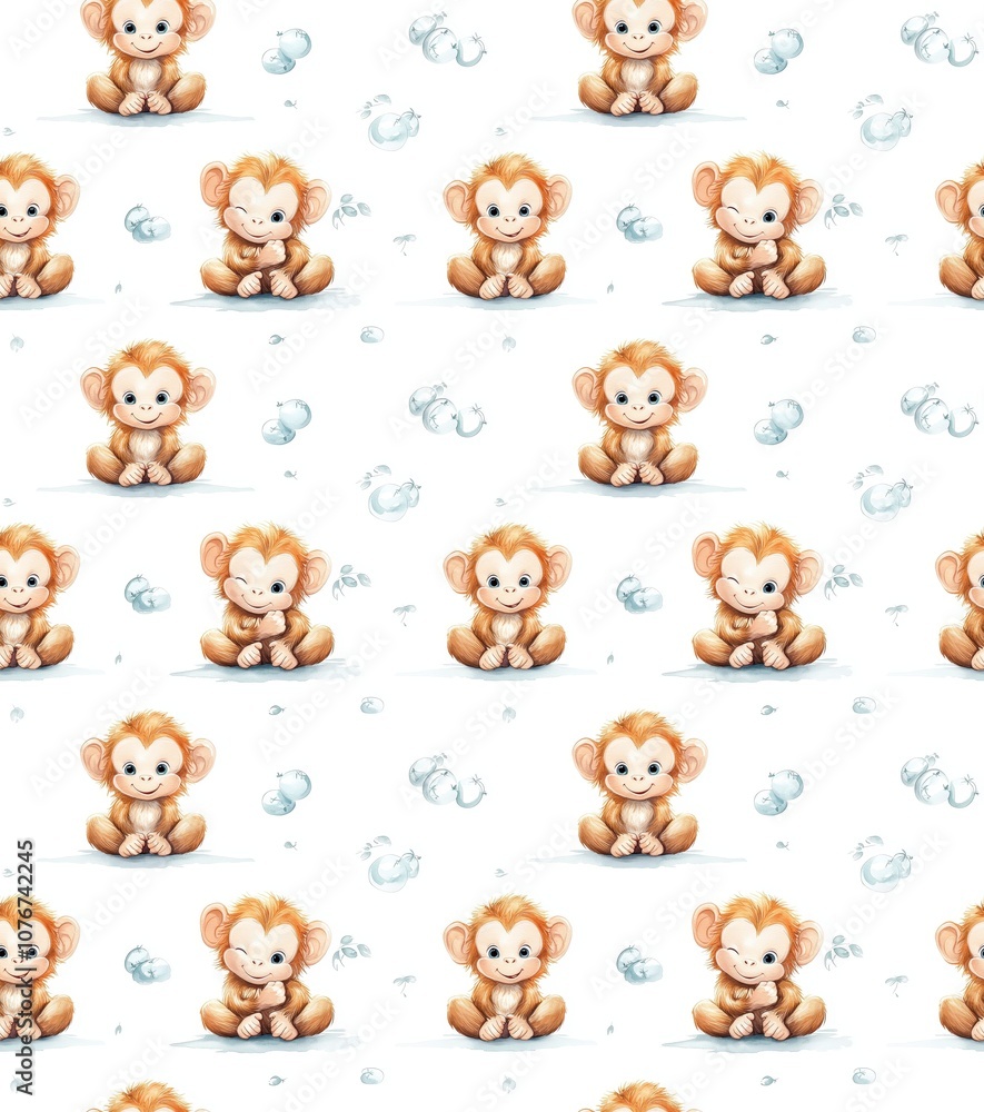 Fototapeta premium A whimsical pattern featuring cute, cartoon monkeys sitting against a light background, ideal for children's decor or playful designs.