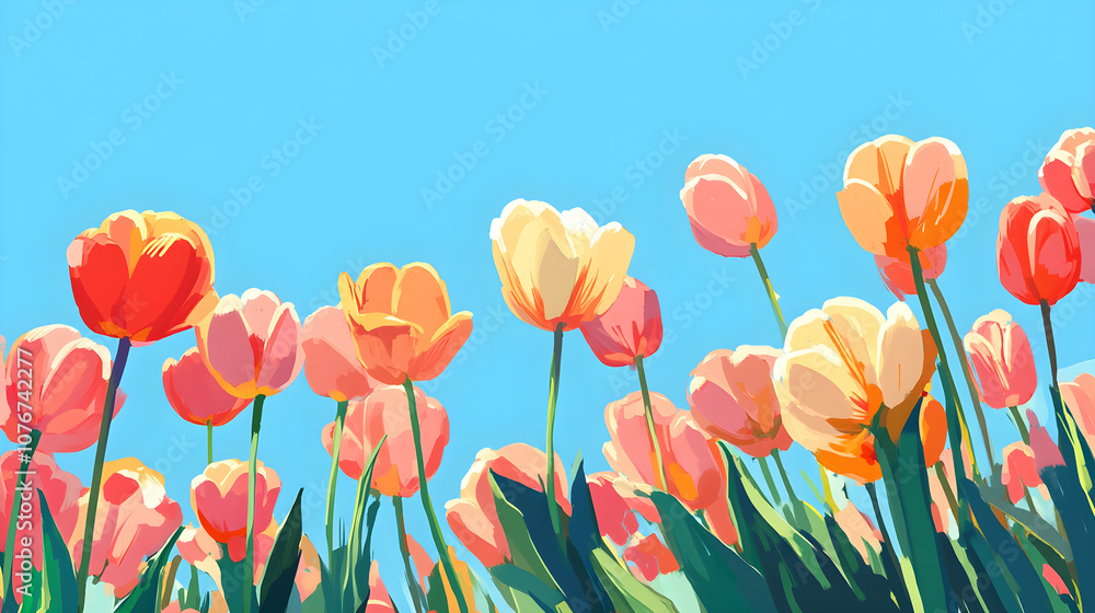 Fototapeta premium Vibrant tulips in various colors against clear blue sky