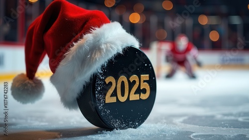 A black hockey puck adorned with a Santa hat and the year 2025 rests on the ice rink, surrounded by festive decorations. The blurred background features a goaltender in action during a holiday themed 