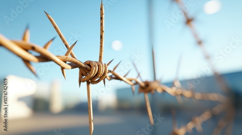 The image presents sharp barbed wire fencing extending into the distance, highlighting the relentless nature of boundaries against a serene background atmosphere. photo