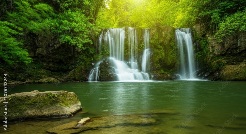 Obraz premium Lush Waterfall in a Tranquil Forest