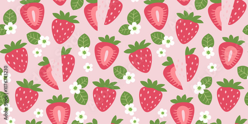 Berries seamless pattern with strawberry and flowers in flat design. Simple vector illustration.
