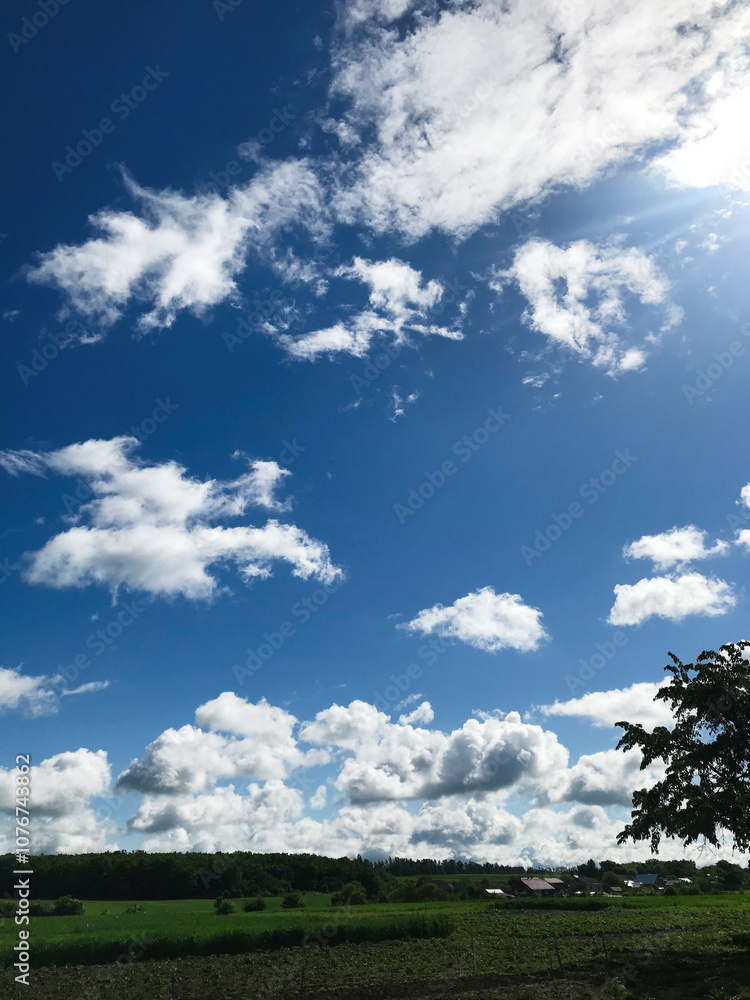 Tranquil rural landscape under a bright blue sky with fluffy clouds