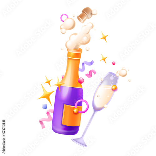 3D champagne bottle wine glass, vector holiday celebration concept, open sparkling beverage clipart. New Year party alcoholic drinks, confetti, bubbles, stars birthday gift card. 3D champagne design