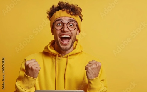 Happy Man Celebrating Success in Yellow