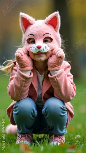 quadrober child girl in cat mask outsidea, quadrobics furry terrians subculture imitation of animal actions, carnival party, playing game photo