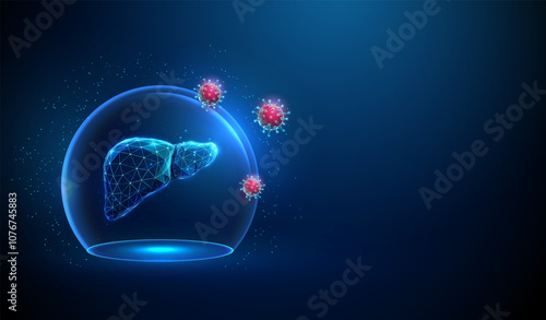 Abstract blue human liver inside a glass dome attacked by red viruses. Sphere shield Healthcare protection medical concept. Futuristic low poly style.