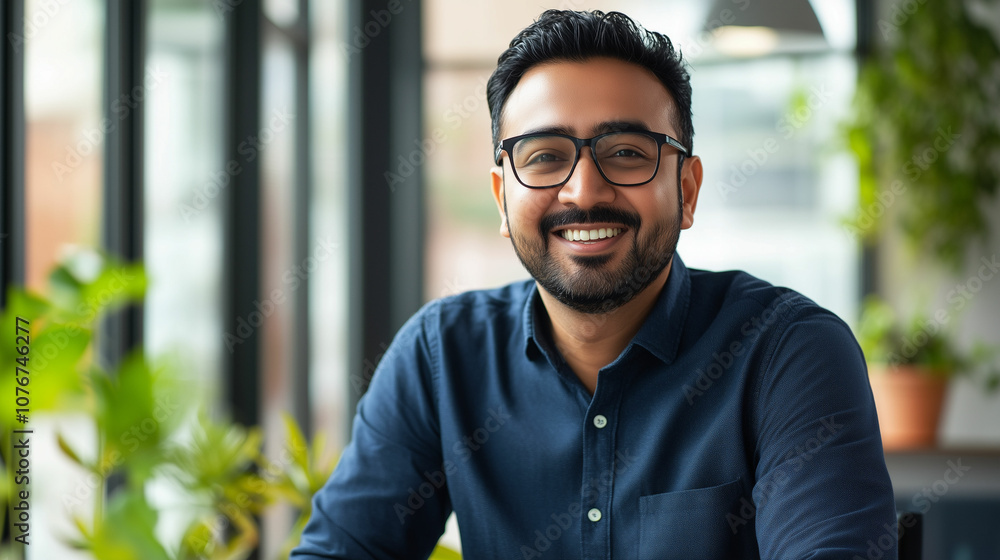 Obraz premium Smiling man in a blue shirt sitting at a modern coffee shop with plants in daylight