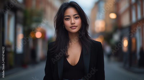 confident woman stands in city street, showcasing her stylish outfit and natural beauty. urban backdrop adds vibrant atmosphere to scene.