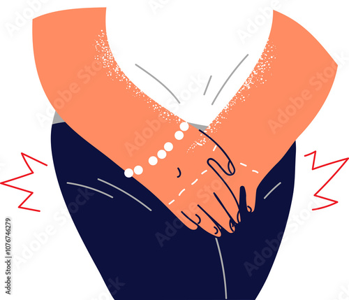 Photography Woman presses hands to groin, having experienced sharp desire to visit toilet due to aggravation of enuresis