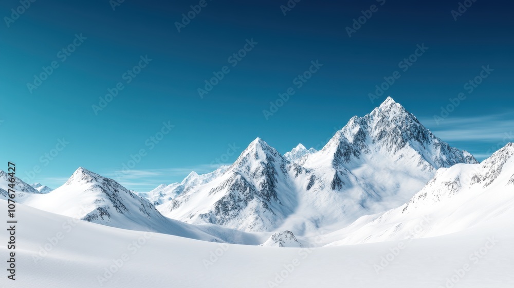 Obraz premium A breathtaking landscape of snow-laden peaks casting long shadows under a cloudless sky, conveying solitude and the sheer beauty of untouched wilderness.