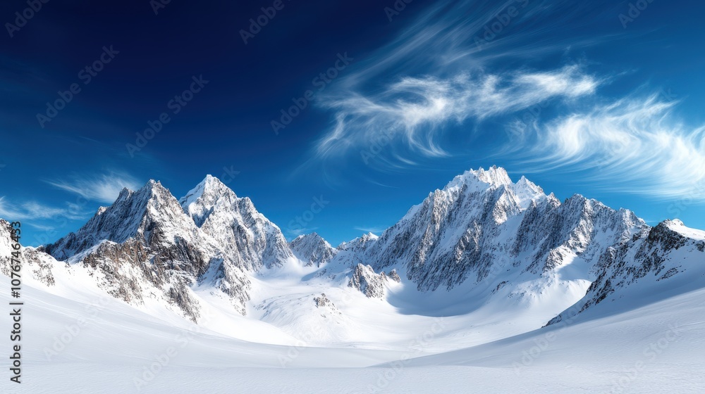 Fototapeta premium This image showcases striking snow-capped mountains bordered by delicate, wispy clouds against a clear sky, evoking a sense of calm and timeless beauty.