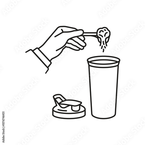 Pour the protein into a shaker, icon in line design. Pour, protein, shaker, drink, fitness, health, gym on white background vector. Pour the protein into a shaker editable stroke icon