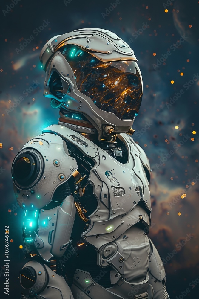 Fototapeta premium Futuristic Space Suit with Glowing Elements Against a Cosmic Background in a Sci-Fi Setting