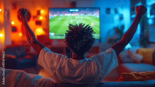 Excited sports fan celebrating goal while watching soccer match on tv at home photo