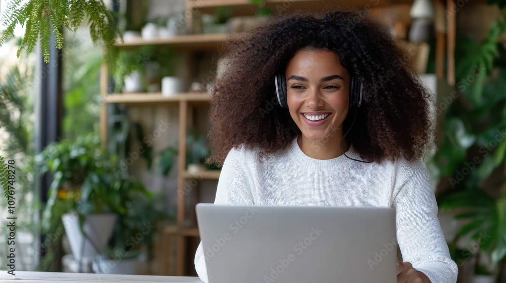 A curly-haired woman smiles as she enjoys working on her laptop with headphones on, in a modern interior filled with natural light and greenery, exuding happiness and focus. A curly-haired woman smiles as she enjoys working on her laptop with headphones on, in a modern interior filled with natural light and greenery, exuding happiness and focus.