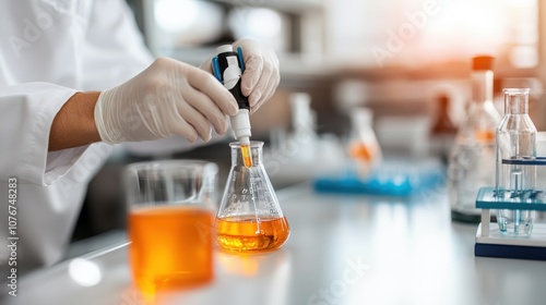 A scientist in a laboratory setting carefully conducting an experiment using a pipette and beaker filled with orange liquid, encapsulating scientific exploration and precision. photo