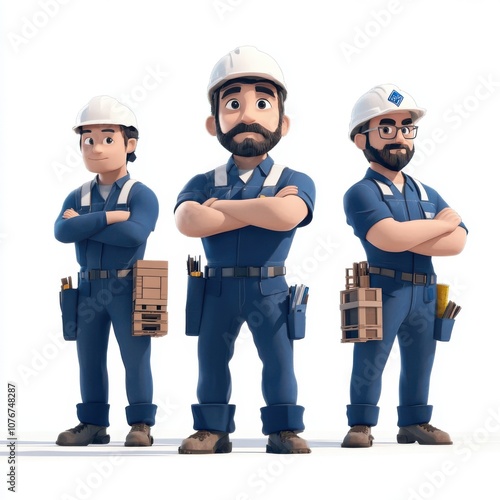 Three cartoon workers in blue uniforms and helmets, showcasing teamwork and professionalism in a construction setting.