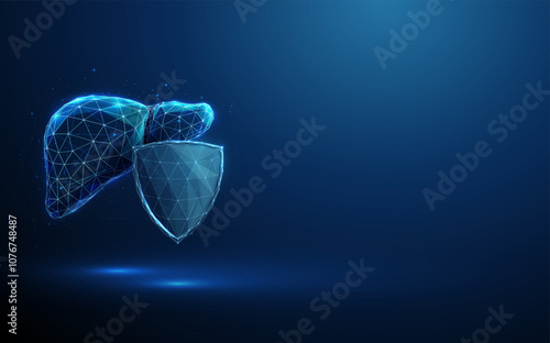 Abstract blue human liver behind the futuristic blue guard shield. Liver protection. Healthcare medical concept. Low poly style.