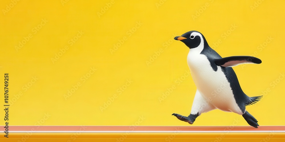 Fototapeta premium Adorable Penguin in Track Outfit Running with Joy Against a Bright Yellow Background Captivating the Spirit of Playfulness and Adventure
