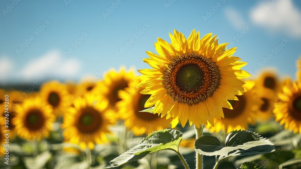 Fototapeta premium Close-up of a sunflower field under a bright blue sky, capturing the essence of summer