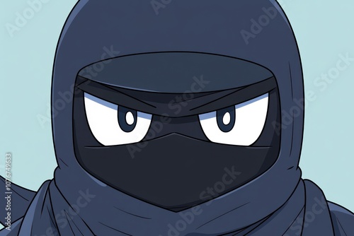 A stylized ninja character with intense eyes and a dark outfit, conveying stealth and mystery. photo