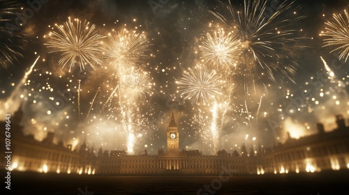 Grand Festival Fireworks above a historic castle, dark sky with enormous fireworks exploding in a variety of vivid colors, lighting up the ancient structure, Photorealistic