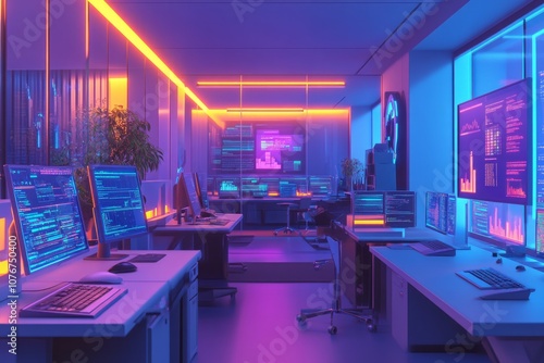 An empty, modern neon color office glowing at night