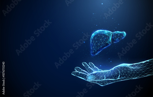 Abstract giving hand with human liver. Healthcare medical concept. Low poly futuristic technology digital neon style.