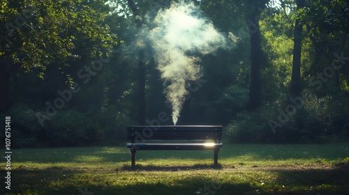 A bench in a park with smoke coming out of it