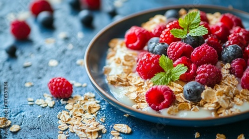 Vibrant bowl of creamy yogurt topped with crunchy granola, juicy raspberries, and plump blueberries, garnished with fresh mint leaves on a rustic blue background.