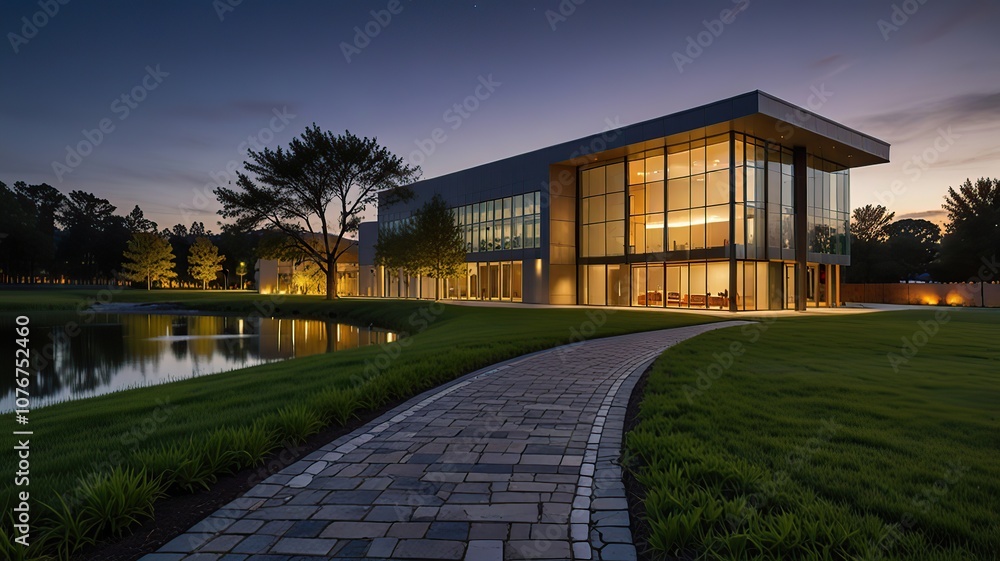 path near pond to modern building at twilight path near pond to modern building at twilight