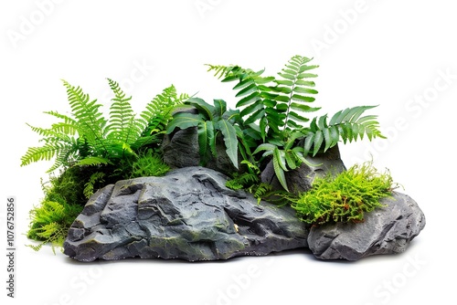 Tropical plant fern moss bush tree jungle stone rock isolated on white background photo