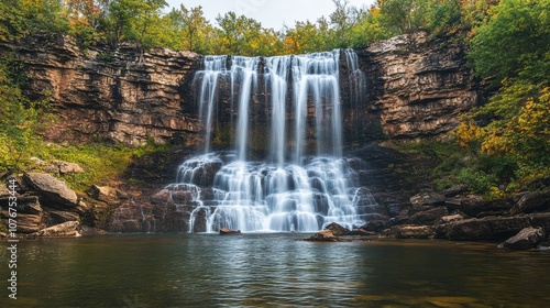 A majestic waterfall cascading down rocky cliffs in a lush forest setting