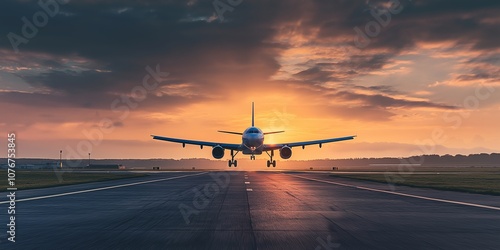 An airplane lands on a runway during sunset, framed by a dramatic sky.