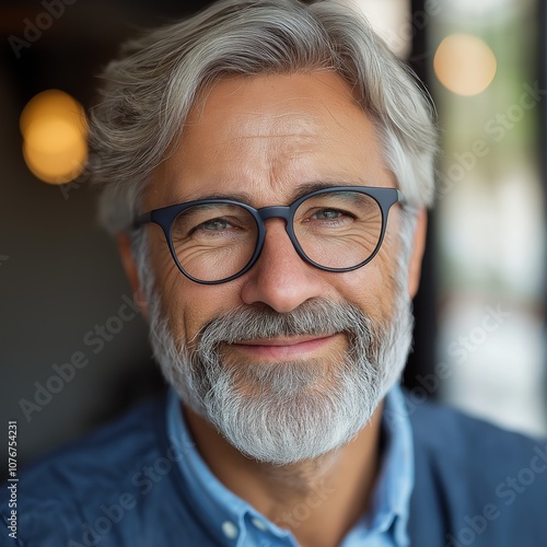 An older man with glasses and gray hair smiles warmly at the camera, exuding wisdom and friendliness. photo