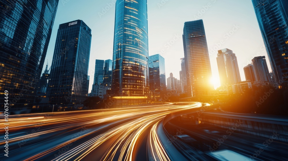 A vibrant cityscape at sunset, featuring skyscrapers and light trails from busy traffic, conveying a sense of urban energy and movement. A vibrant cityscape at sunset, featuring skyscrapers and light trails from busy traffic, conveying a sense of urban energy and movement.