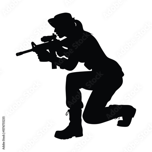 A woman is holding a gun and kneeling down. She is wearing a cowboy hat. The gun is a rifle