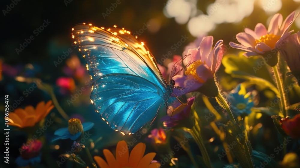 Glowing Blue Butterfly Close-Up in a Colorful Garden Glowing Blue Butterfly Close-Up in a Colorful Garden