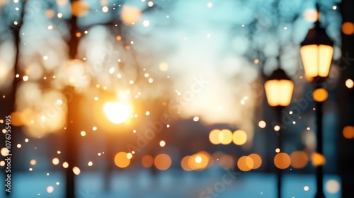 Falling snowflakes gently catch the light from an urban streetlamp, creating a whimsical winter evening in a peaceful, subdued city setting during dusk. photo