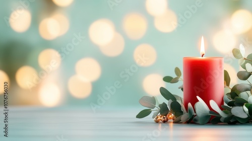 An inviting red candle surrounded with eucalyptus leaves against a backdrop of softly blurred bokeh lights, offering a harmonious atmosphere for any space. photo