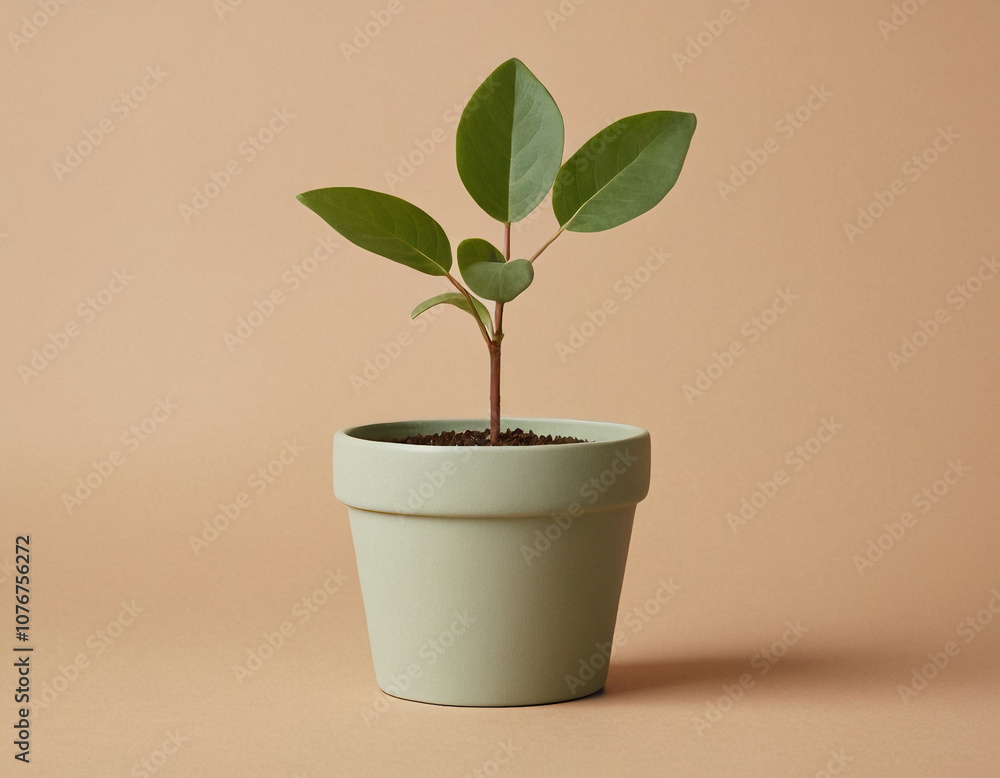 Fototapeta premium Potted Green Plant with Leaves on a Soft Beige Background
