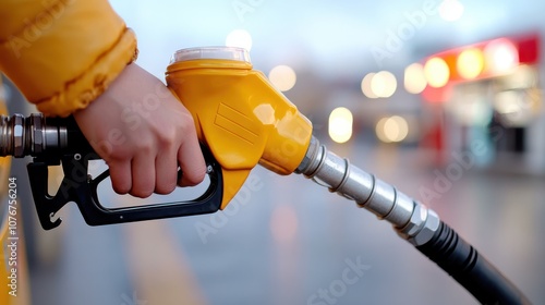 A person is holding a yellow refueling nozzle, filling up gas at a station. The scene focuses on the dynamic action in the foreground with a station background.