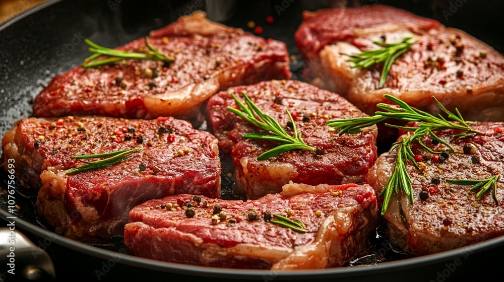 Succulent ribeye steaks sizzling in a cast iron skillet, seasoned with coarse salt and fresh rosemary sprigs, ready to be seared to perfection for a gourmet meal. Succulent ribeye steaks sizzling in a cast iron skillet, seasoned with coarse salt and fresh rosemary sprigs, ready to be seared to perfection for a gourmet meal.