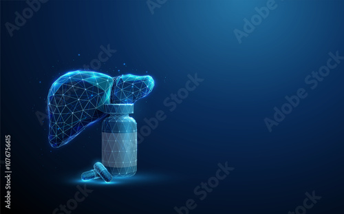 Bottle and medical pills in front of blue futuristic human liver. Liver diseases, medical treatment and pharmacy concept Low poly style
