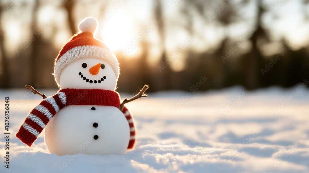 Fototapeta premium A cheerful snowman adorned with a red hat and scarf stands in a snowy field during sunset, creating a warm and cozy winter atmosphere.