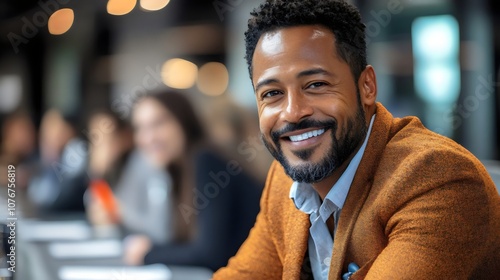 A man with a big smile is sitting in a room with other people