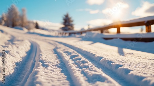 The sun casts intricate shadows on a snow-covered rural path, with wooden fences lining the way, orchestrating a delightful play of light and form in winter. photo