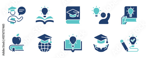 knowledge cognition creative thinking icon set education learning book light bulb innovation signs vector business intellect smart mind symbol illustration